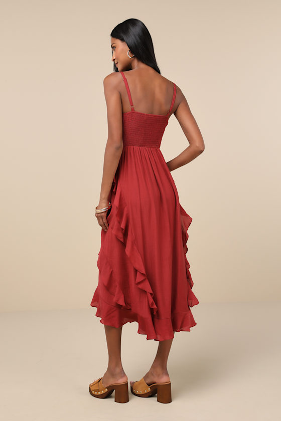 Shop Lulus Playful Style Brick Red Lace-up Ruffled High-low Midi Dress