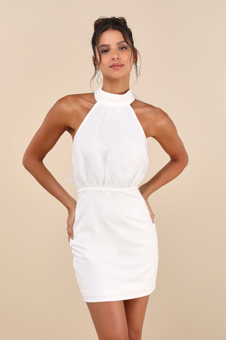 White Mini Dress - Backless Mini Dress - Halter Neck Mini Dress