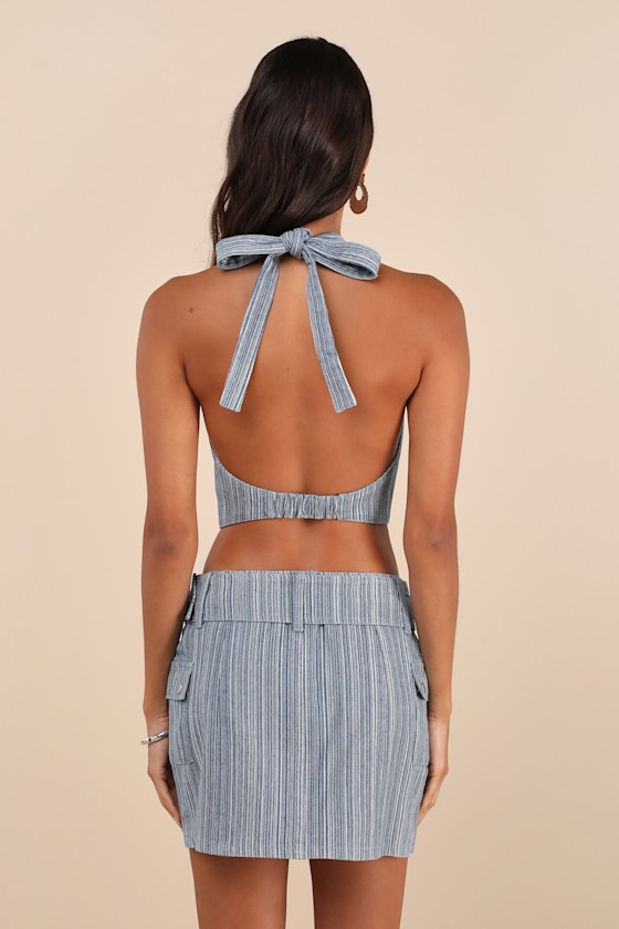 Lulus Sunny Theme Blue Striped Cotton Vest Halter Top In Blue