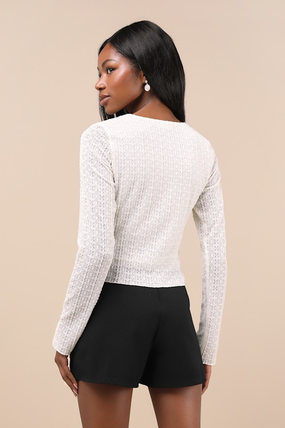 Desirably Darling Ivory Lace Long Sleeve Bow Front Top 2