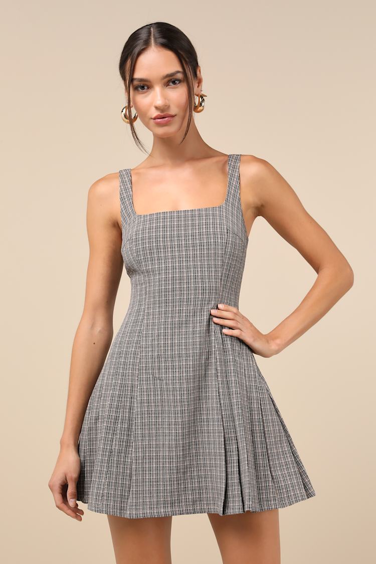 Mini Dress Pleated Plaid Dress Rihoas Vintage Plaid Shirt Dress A-Line Mini  Dress For Workwear,