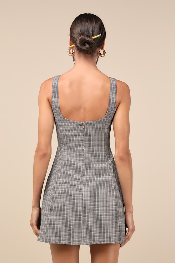 Charming Dynamic Brown Plaid Sleeveless Pleated Mini Dress 4