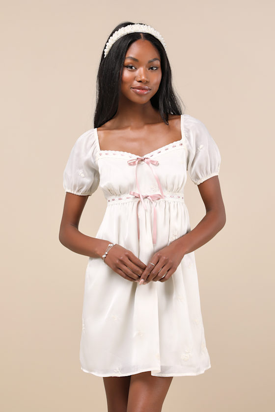 Cream Embroidered Dress - Puff Sleeve Ribbon Dress - Mini Dress - Lulus Cream Embroidered Dress - Puff Sleeve Ribbon Dress - Mini Dress - Lulus
