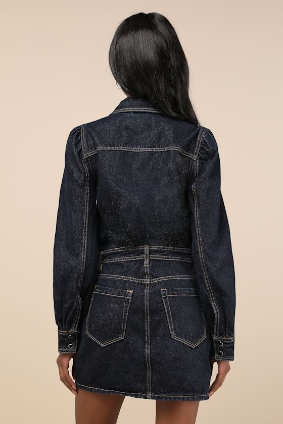 Blanknyc Perfectly Edgy Dark Wash Denim Collared Button-front Mini Dress In Blue