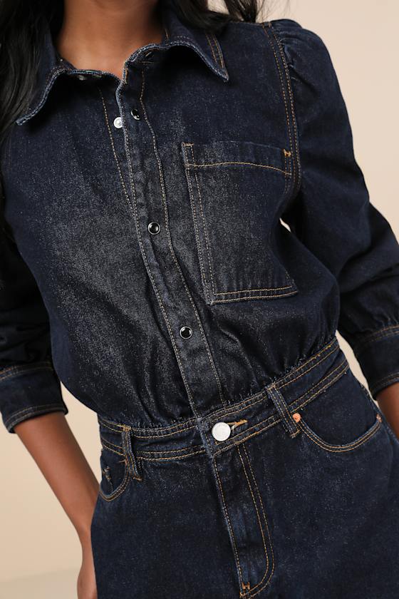 Blanknyc Perfectly Edgy Dark Wash Denim Collared Button-front Mini Dress In Blue