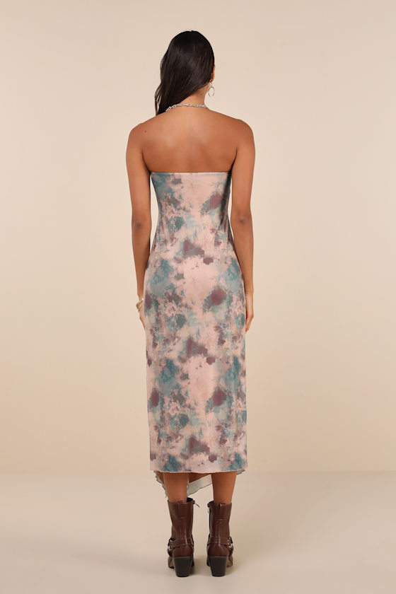 LULUS PARAMOUNT POISE BEIGE MULTI ABSTRACT STRAPLESS MESH MIDI DRESS 