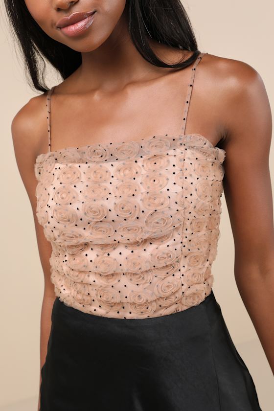 Lulus Coquette Cuteness Blush Pink Polka Dot 3d Rosette Mesh Cami Top In Blush Pink