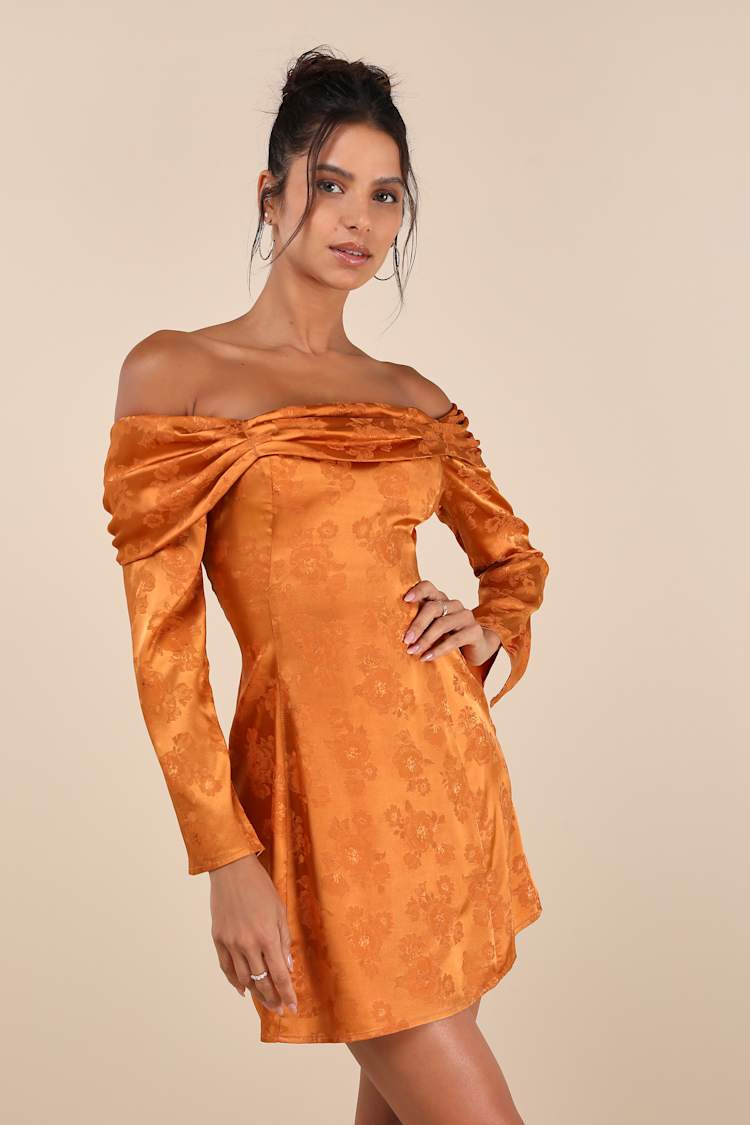 Copper Mini Dress - Floral Jacquard Mini Dress - OTS Mini Dress - Lulus