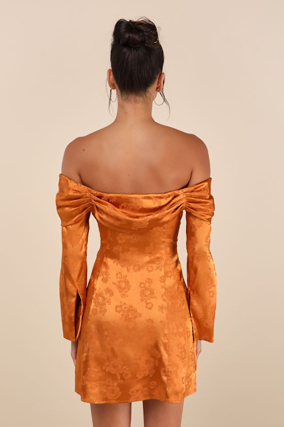 Lulus Truly Yours Copper Satin Jacquard Off-the-shoulder Mini Dress In Orange