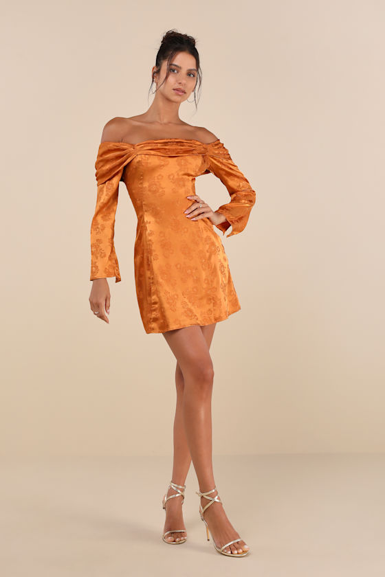 Lulus Truly Yours Copper Satin Jacquard Off-the-shoulder Mini Dress In Orange