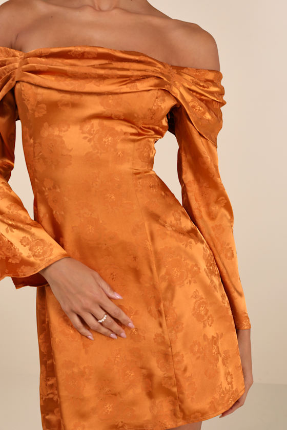 Lulus Truly Yours Copper Satin Jacquard Off-the-shoulder Mini Dress In Orange
