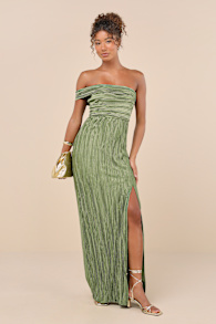 Poised Performance Olive Green Plisse One-Shoulder Maxi Dress 2