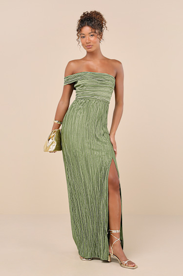 Olive Green Plisse Dress One-Shoulder Dress Plisse Maxi Dress