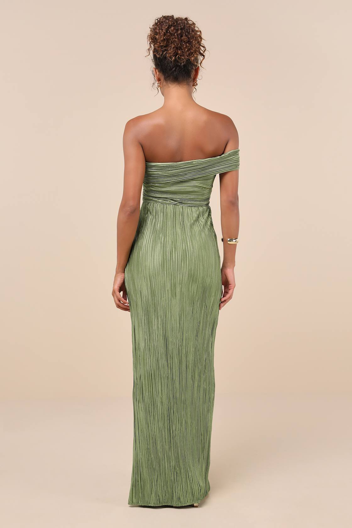 Poised Performance Olive Green Plisse One-Shoulder Maxi Dress