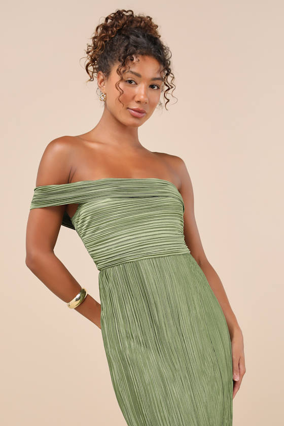 Lulus Poised Performance Olive Green Plisse One-shoulder Maxi Dress In Olive Green