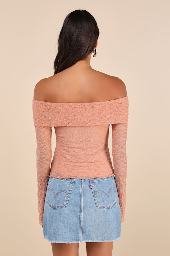 Lulus Serene Date Terracotta Lace Off-the-shoulder Long Sleeve Top In Pink