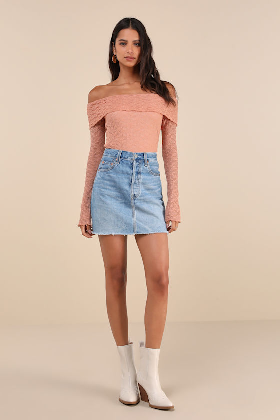 Lulus Serene Date Terracotta Lace Off-the-shoulder Long Sleeve Top In Pink