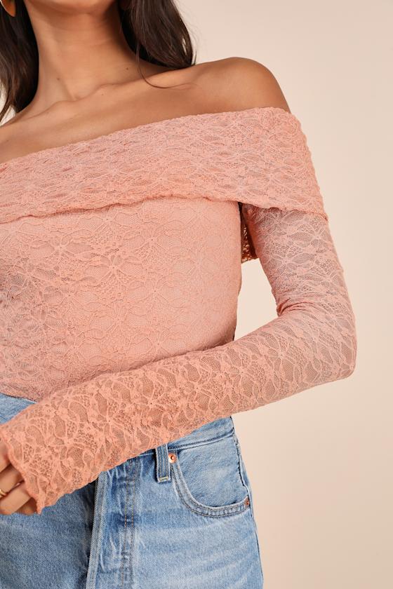 Lulus Serene Date Terracotta Lace Off-the-shoulder Long Sleeve Top In Pink