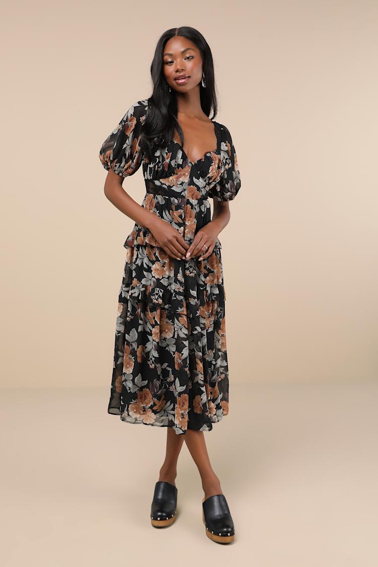 Black Floral Lace Dress - Lace-Up Midi Dress - Puff Sleeve Dress - Lulus