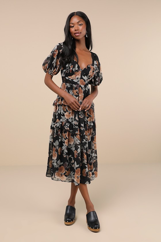 Fawning Favorite Black Floral Lace Tiered Lace-Up Midi Dress 1