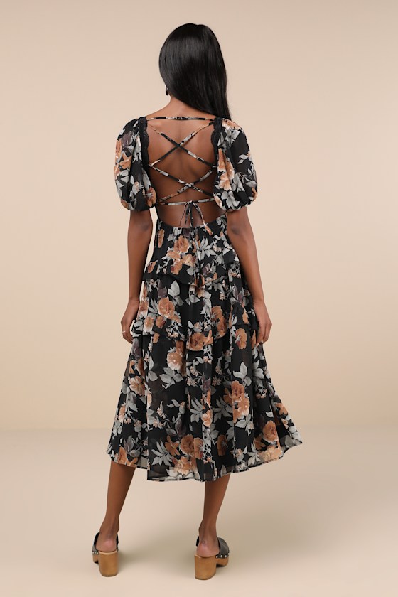 Fawning Favorite Black Floral Lace Tiered Lace-Up Midi Dress 2