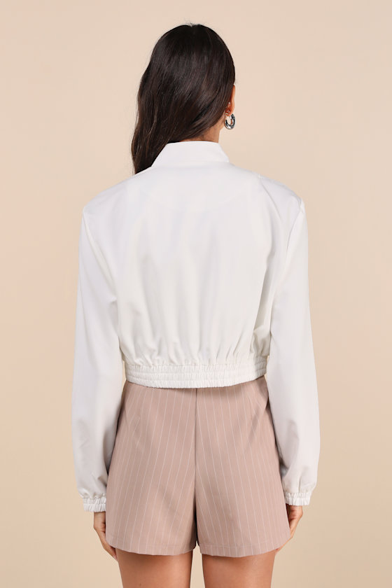 Lulus Cultivated Coolness White Twill Cropped Bomber Jacket In White