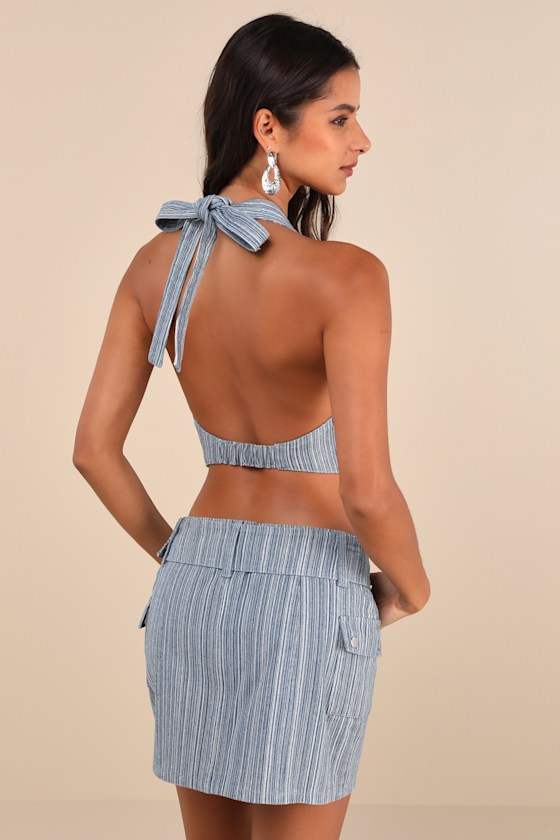 ミニスカート [MATINKIM]stripe cargo denim mini skirt in blue Cool And Confident Cargo Denim Mini Skirt | Windsor