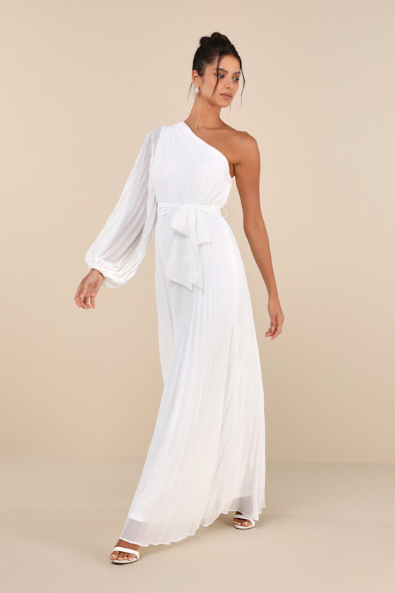 Lulus Divine Charm White Pleated One-shoulder Maxi Dress In White