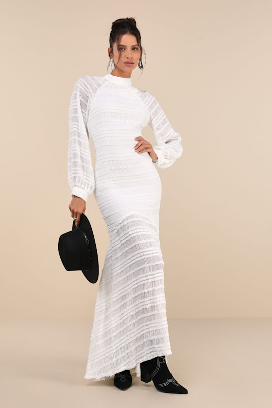 Exemplary Romance White Textured Backless Trumpet Hem Maxi Dress 2