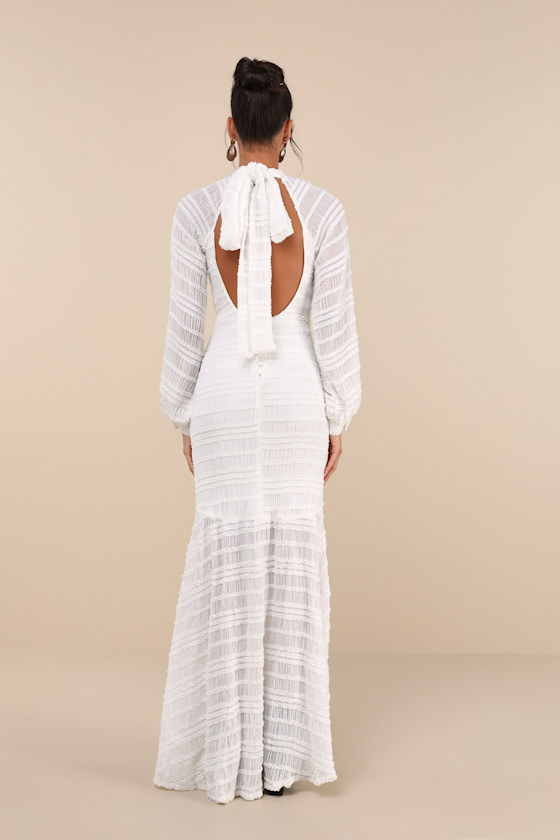 Lulus Exemplary Romance White Textured Backless Trumpet Hem Maxi Dress In White