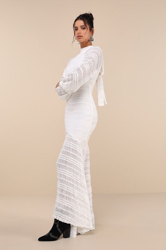 Lulus Exemplary Romance White Textured Backless Trumpet Hem Maxi Dress In White