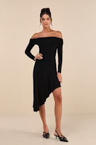 Classy Aura Black Off-the-Shoulder Asymmetrical Midi Dress