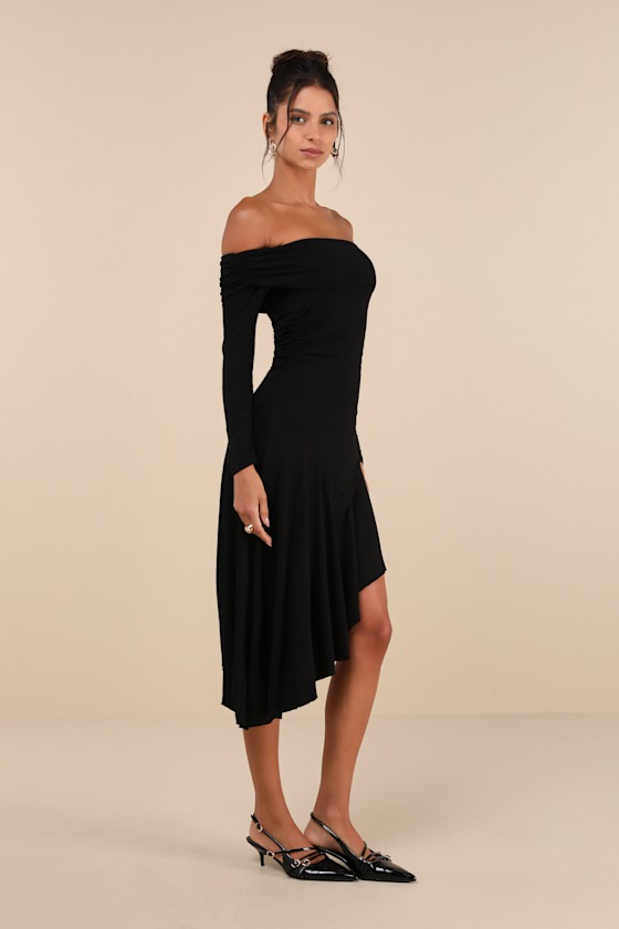 Lulus Classy Aura Black Off-the-shoulder Asymmetrical Midi Dress In Black
