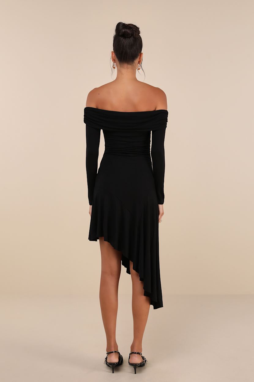 Classy Aura Black Off-the-Shoulder Asymmetrical Midi Dress