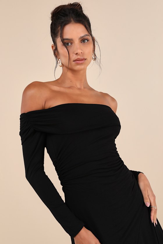 Lulus Classy Aura Black Off-the-shoulder Asymmetrical Midi Dress In Black