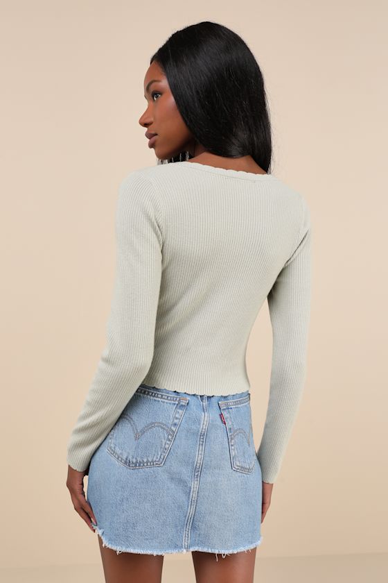 Lulus Quaint Poise Sage Ribbed Embroidered Long Sleeve Sweater Top In Green