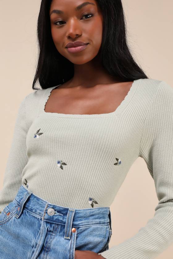 Lulus Quaint Poise Sage Ribbed Embroidered Long Sleeve Sweater Top In Green