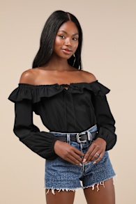 Dreamy Perception Black Ruffled Long Sleeve Off-the-Shoulder Top 2