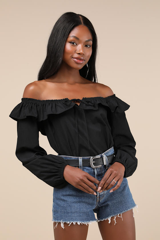 Dreamy Perception Black Ruffled Long Sleeve Off-the-Shoulder Top 2