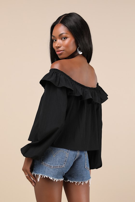 Dreamy Perception Black Ruffled Long Sleeve Off-the-Shoulder Top 3