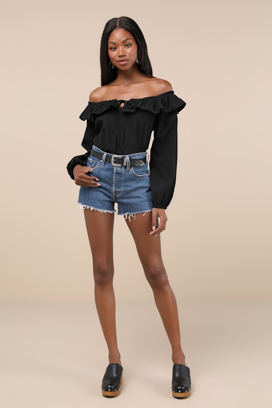 Lulus Dreamy Perception Black Ruffled Long Sleeve Off-the-shoulder Top In Black