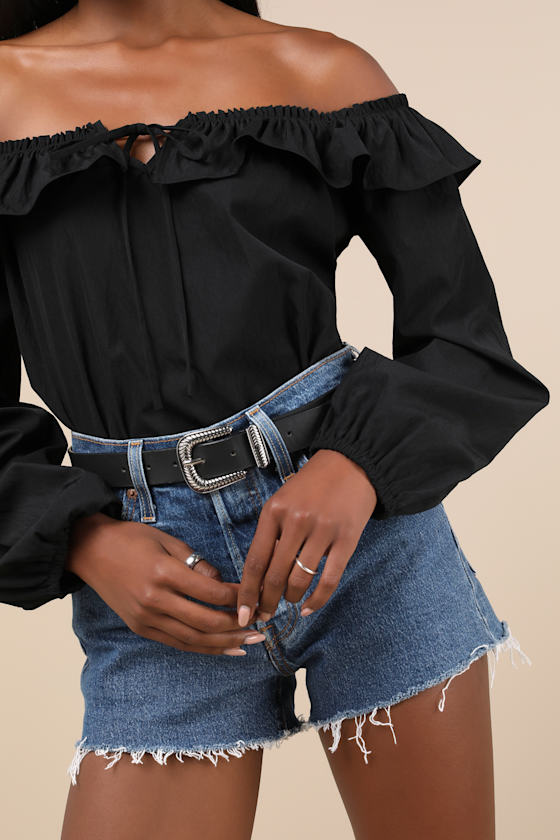 Lulus Dreamy Perception Black Ruffled Long Sleeve Off-the-shoulder Top In Black