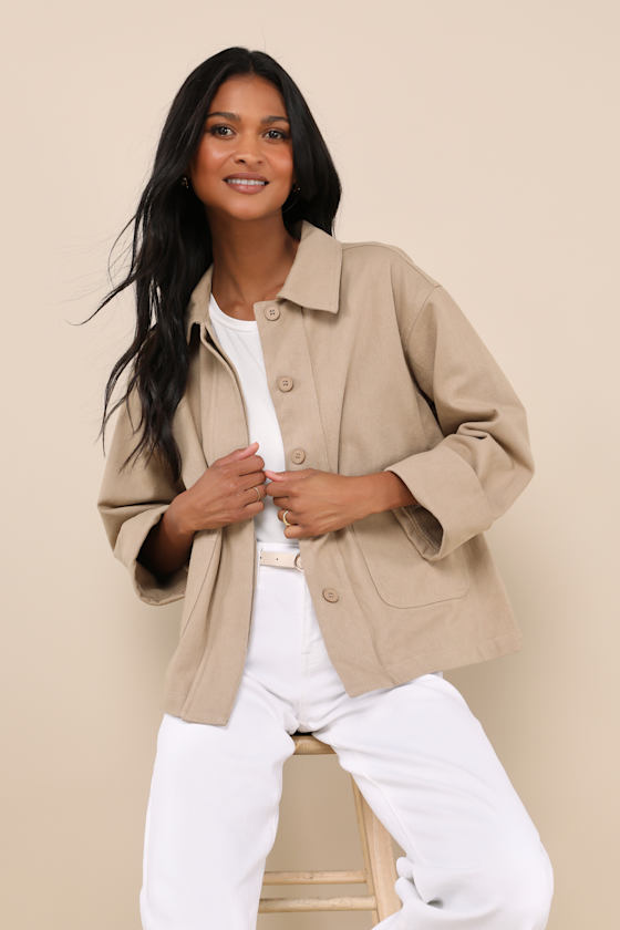 Effectively Cute Taupe Twill Cotton Chore Jacket 1
