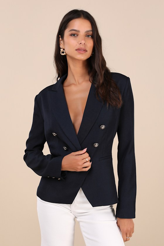 Lulus Major Poise Navy Blue Twill Double-breasted Blazer In Navy Blue