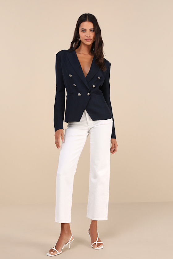Lulus Major Poise Navy Blue Twill Double-breasted Blazer In Navy Blue
