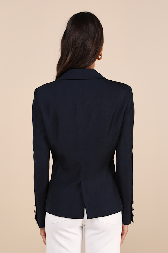 Lulus Major Poise Navy Blue Twill Double-breasted Blazer In Navy Blue