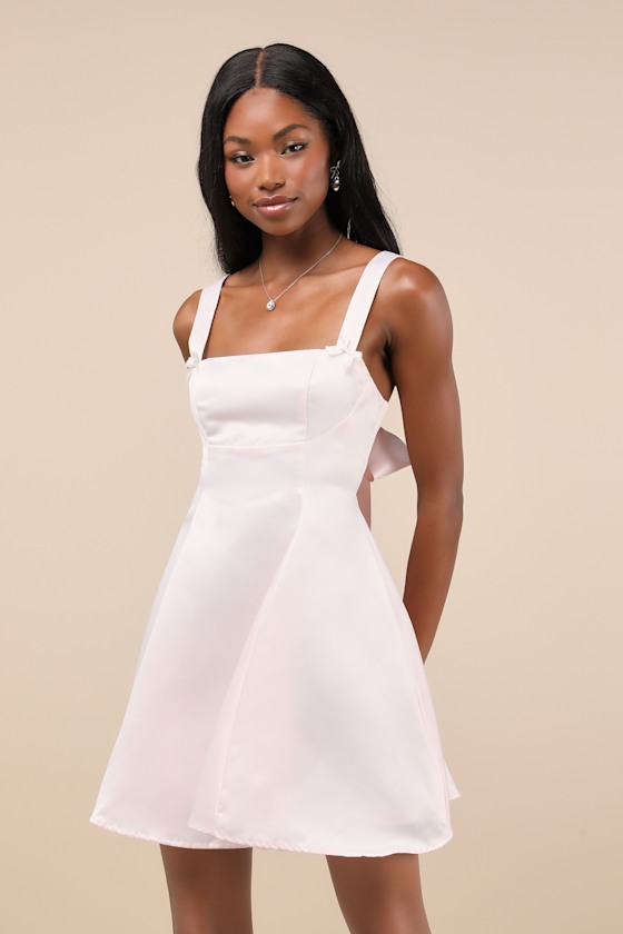 Flawlessly Flirty Blush Pink Satin Tie-Back Skater Mini Dress 1