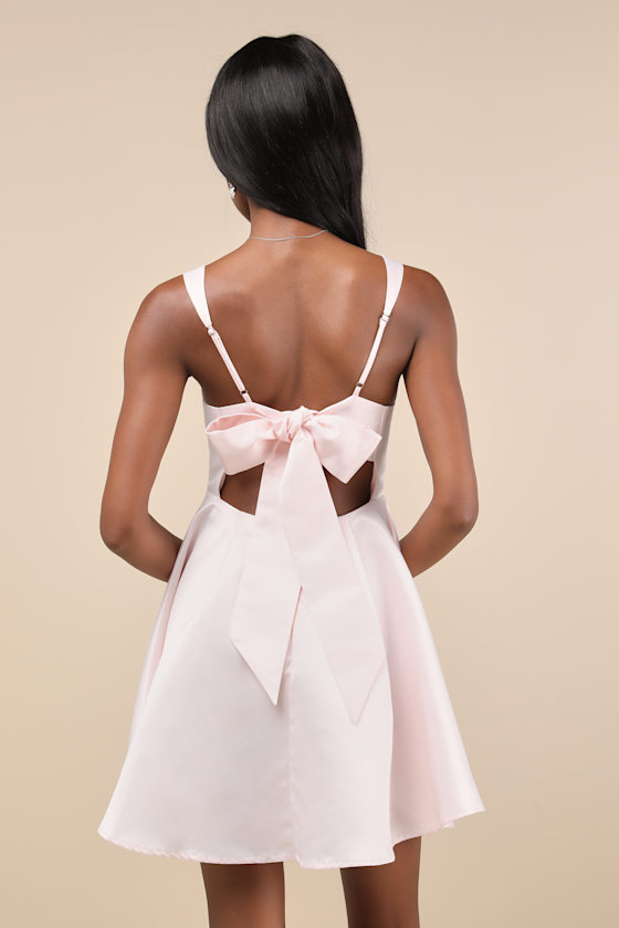 Lulus Flawlessly Flirty Blush Pink Satin Tie-back Skater Mini Dress In Blush Pink