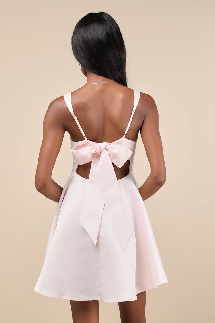 Flawlessly Flirty Blush Pink Satin Tie-Back Skater Mini Dress Flawlessly Flirty Blush Pink Satin Tie-Back Skater Mini Dress