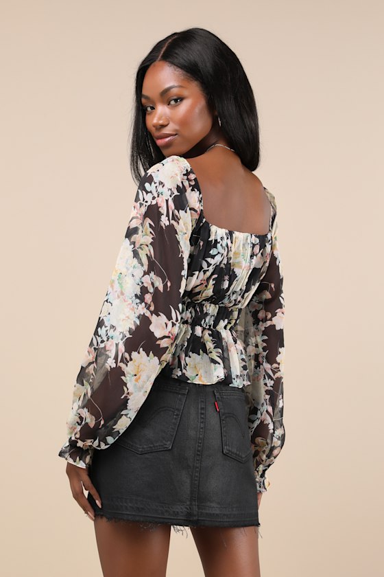 Floral Jacquard Balloon Sleeve Knit Top